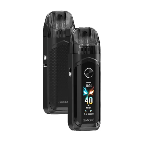Black SMOK Nord 6 Pod Kit featuring a digital display and two pod attachments.