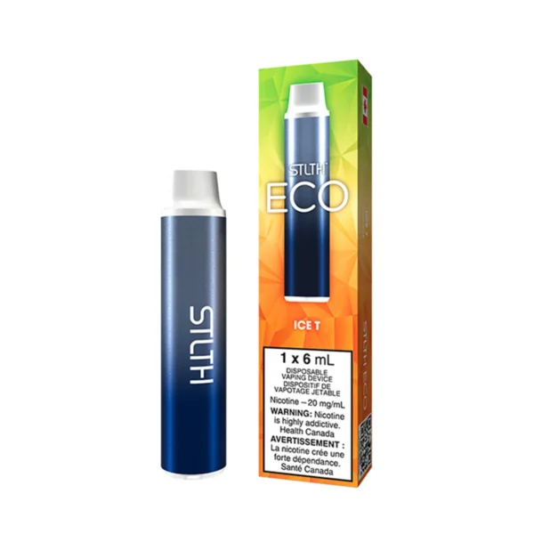 A blue disposable vape device labeled STLTH ECO ICE T next to its colorful packaging, featuring nicotine warnings.