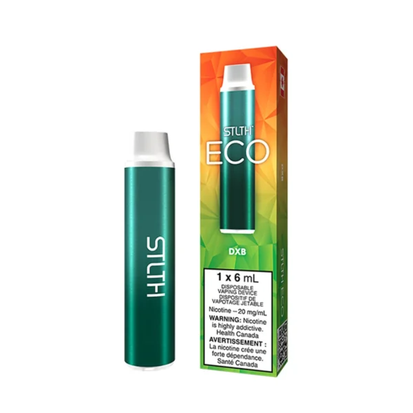 Green disposable vaping device with packaging, labeled STLTH ECO and nicotine warning.