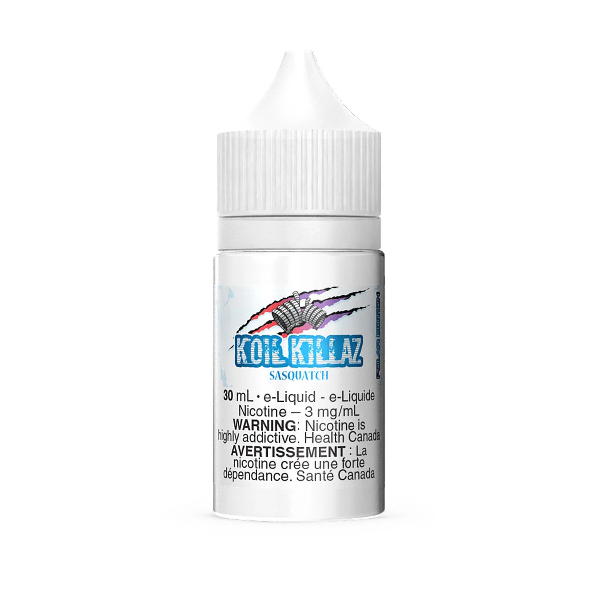 30 mL bottle of Koil Killaz Sasquatch e-liquid, containing 3 mg/mL nicotine, with warning labels in English and French.