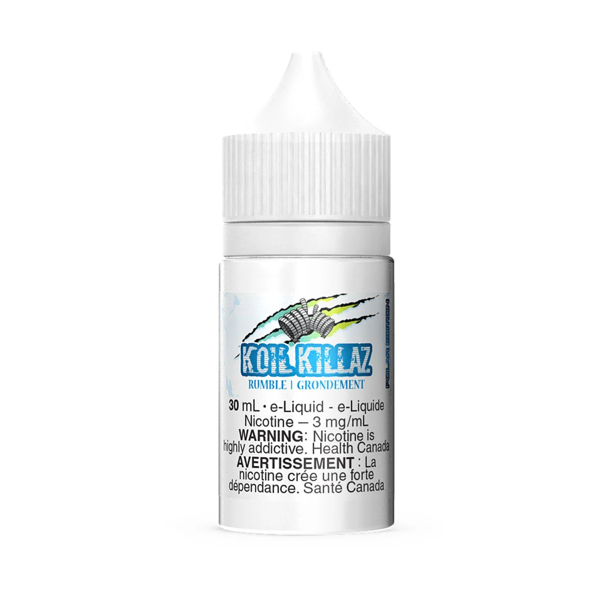 Bottle of Koil Killaz Rumble e-liquid, 30 mL, containing 3 mg/mL nicotine, with health warnings in English and French.