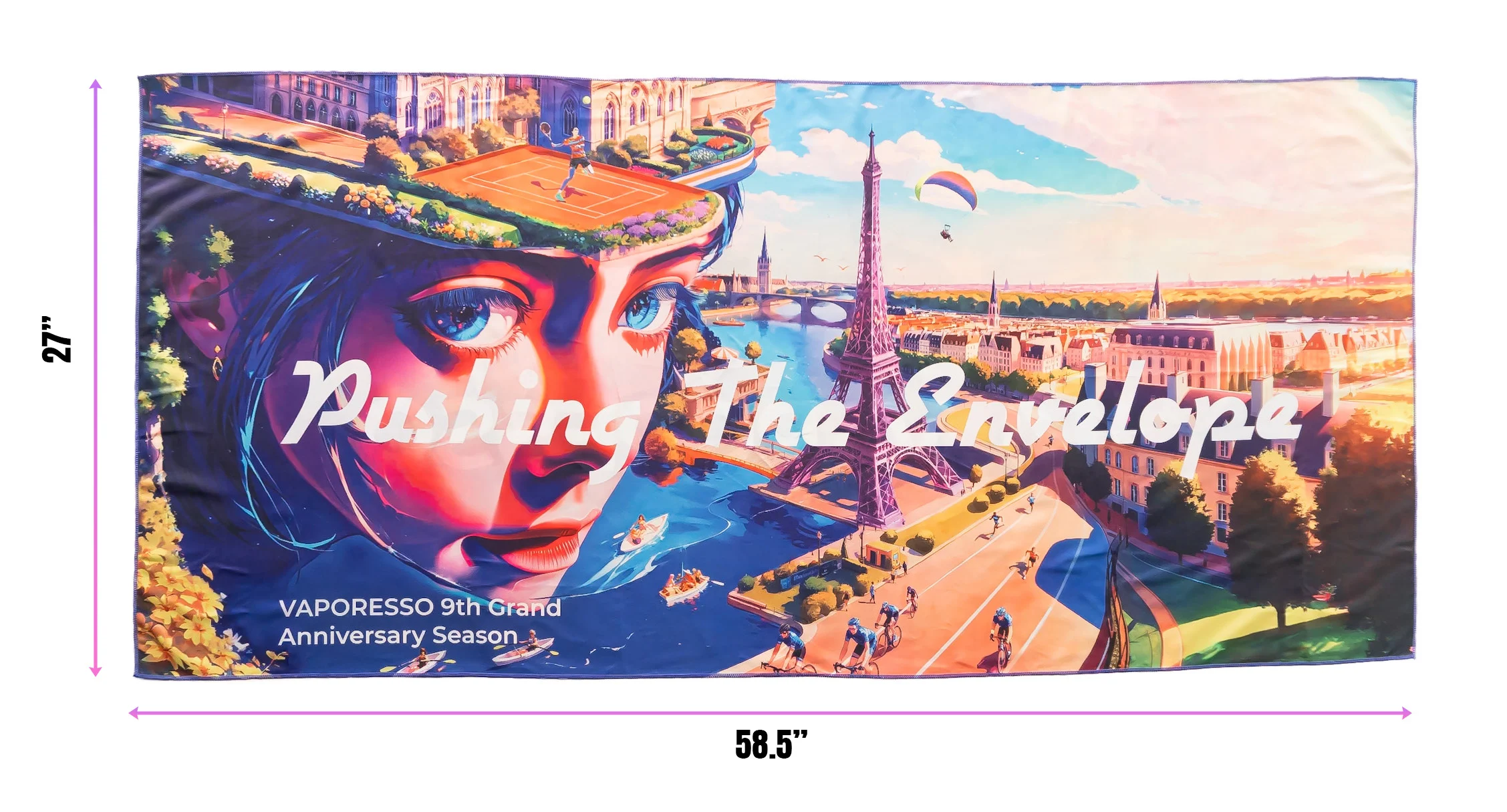 Colorful banner featuring a womans face, Eiffel Tower, and the text Pushing The Envelope for Vaporessos anniversary.