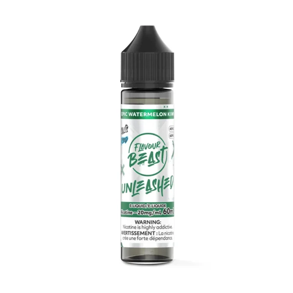 Bottle of Flavour Beast Unleashed e-liquid, featuring a watermelon kiwi flavor, 60mL, with nicotine warning label.