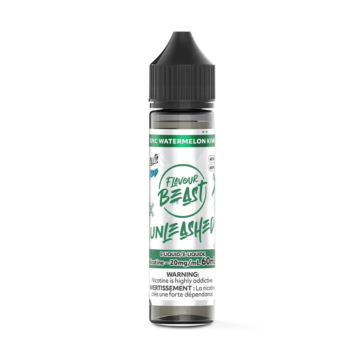 Bottle of Flavour Beast Unleashed e-liquid, featuring a watermelon kiwi flavor, 60mL, with nicotine warning label.