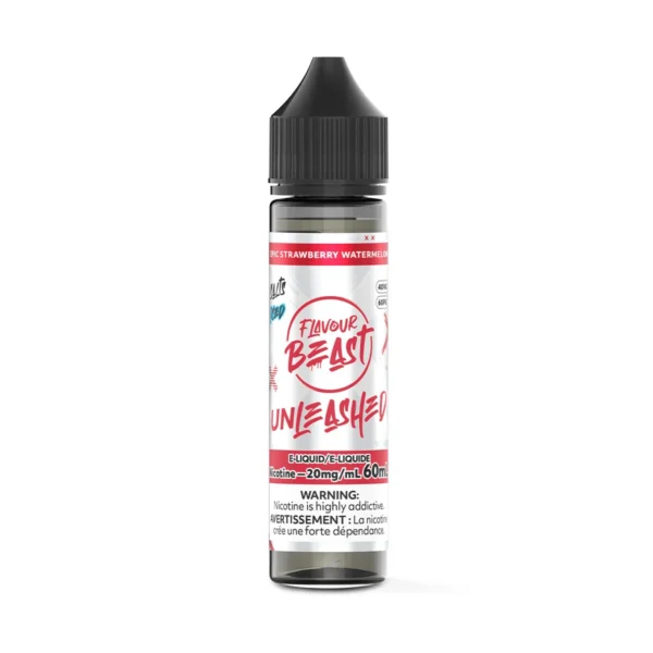 Bottle of Flavour Beast Unleashed e-liquid, 60mL, featuring strawberry and watermelon flavor, with nicotine warning label.