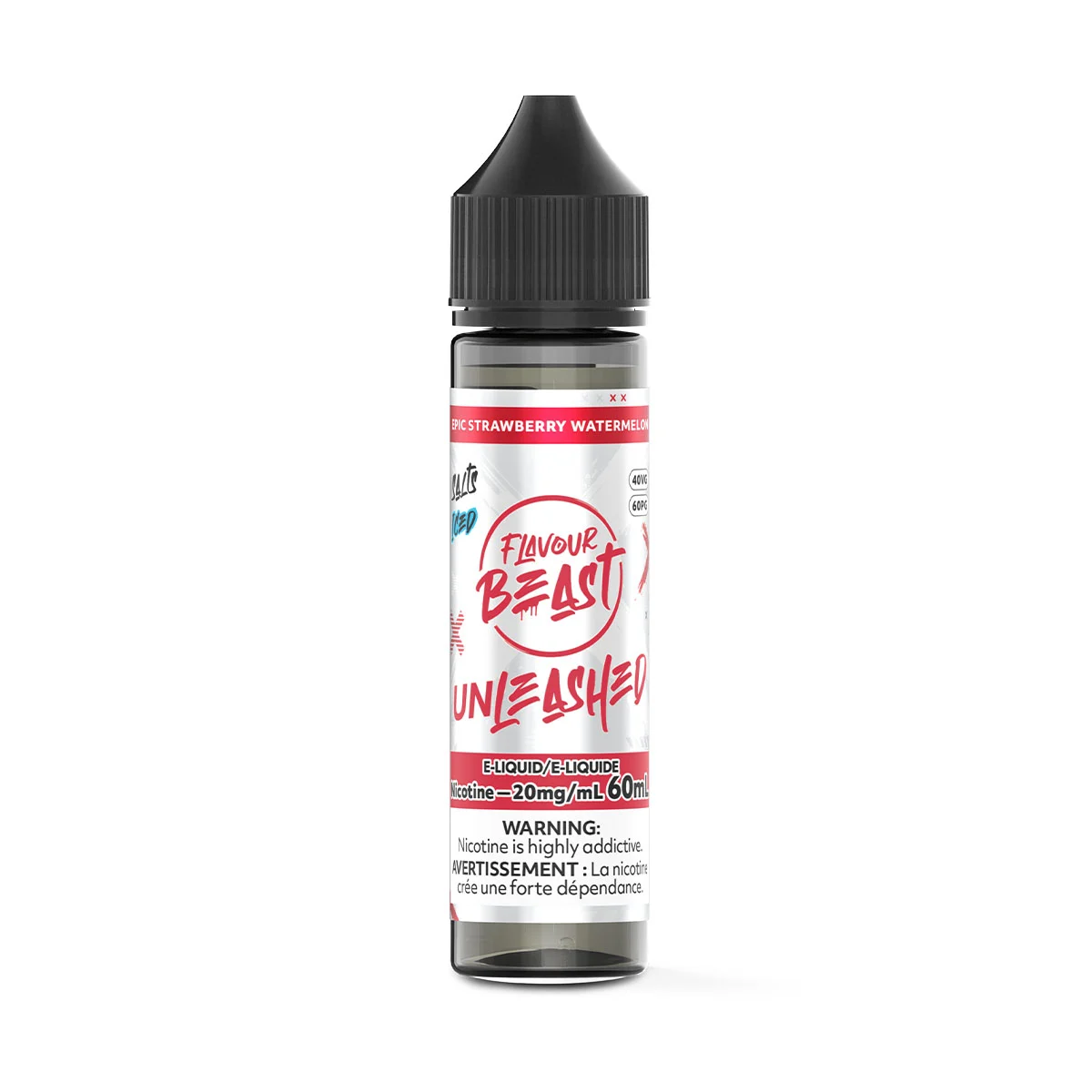 Bottle of Flavour Beast Unleashed e-liquid, 60mL, featuring strawberry and watermelon flavor, with nicotine warning label.