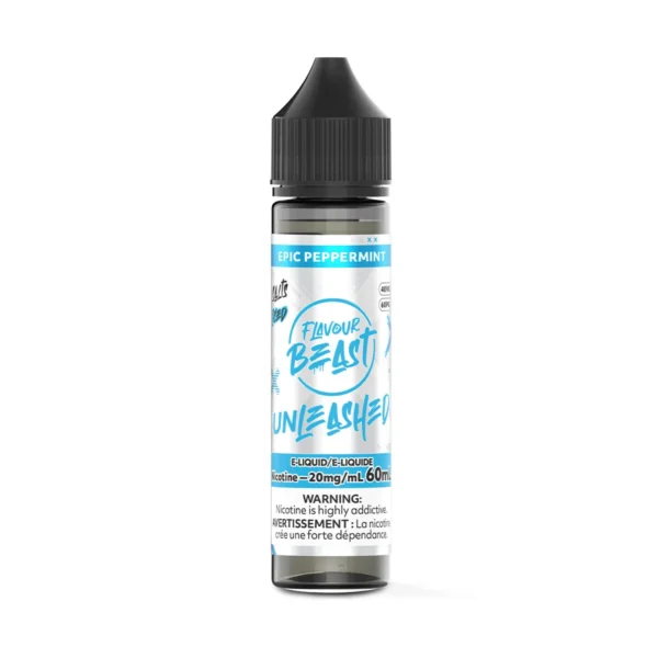 Bottle of Flavour Beast Unleashed Epic Peppermint e-liquid, 60mL, featuring a black cap and warning label.