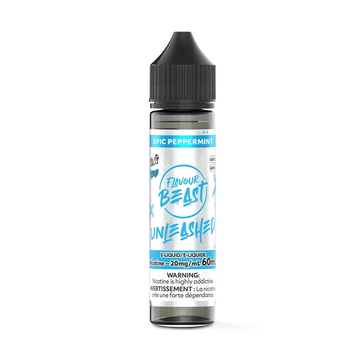 Bottle of Flavour Beast Unleashed Epic Peppermint e-liquid, 60mL, featuring a black cap and warning label.