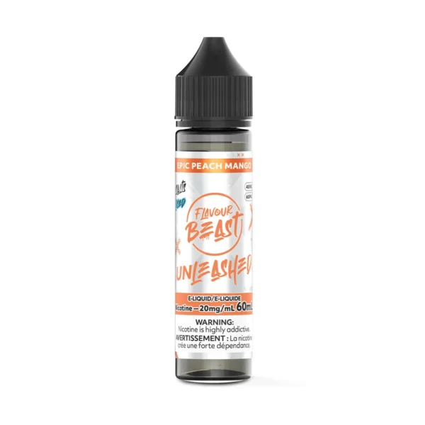 Bottle of Flavour Beast Unleashed e-liquid in Epic Peach Mango flavor, 60mL, with nicotine warning label.