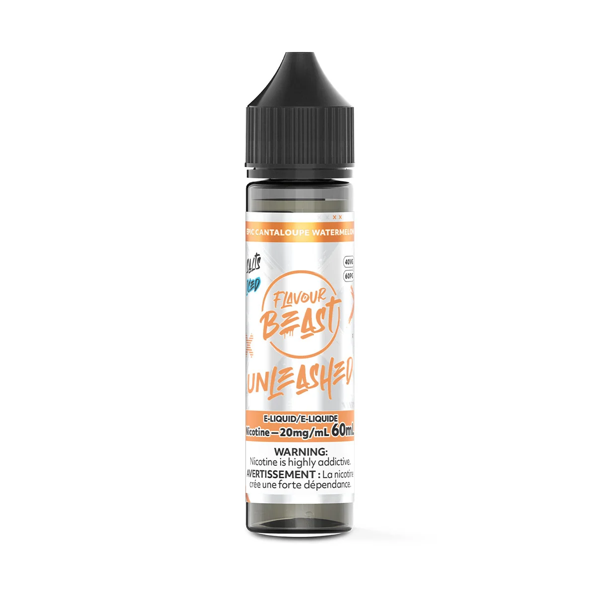 Bottle of Flavour Beast Unleashed e-liquid, 60mL, featuring cantaloupe watermelon flavor and nicotine warning.