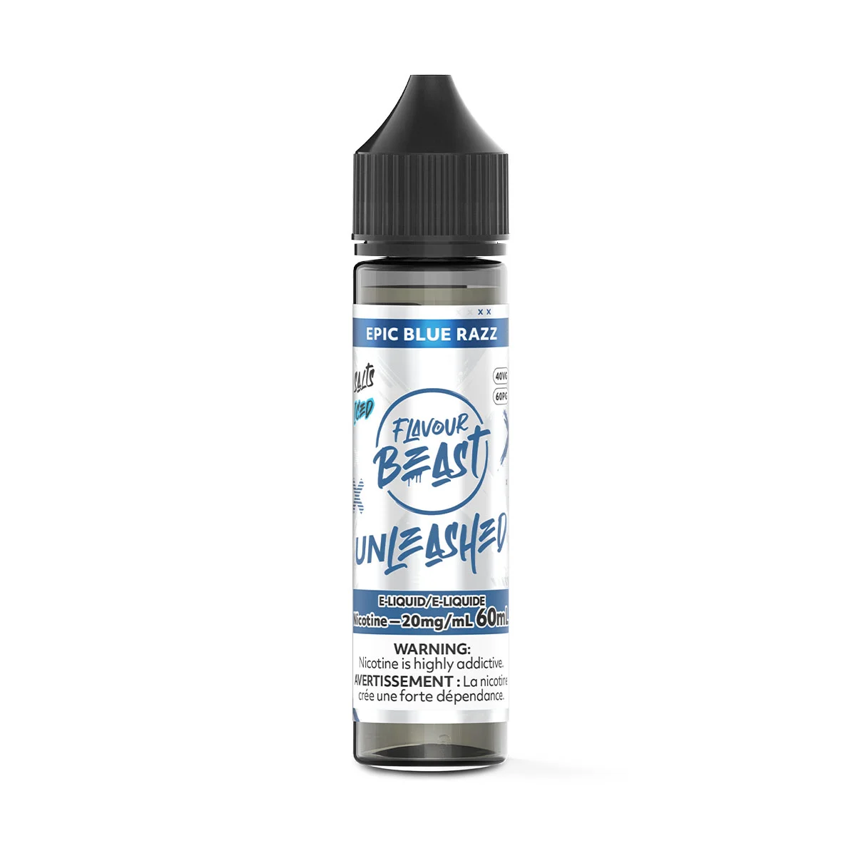 Bottle of Flavour Beast Unleashed E-Liquid in Epic Blue Razz flavor, 60mL, with nicotine warning label.