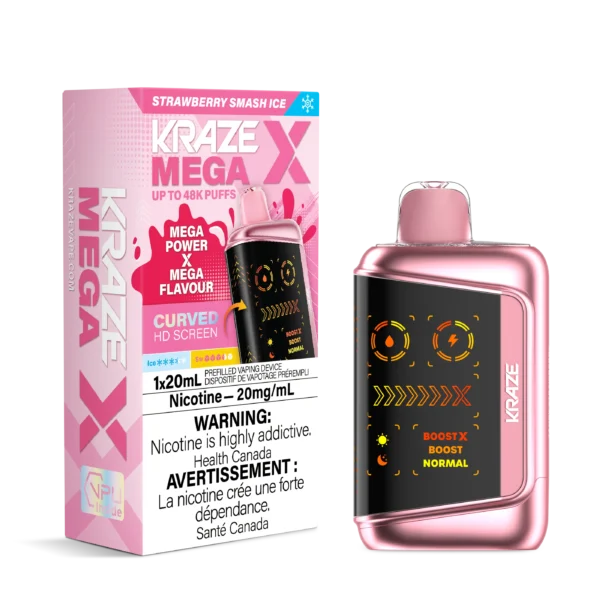 Vaping device packaging featuring Kraze Mega X with Strawberry Smash Ice flavor, 20mg nicotine, and curved HD screen.