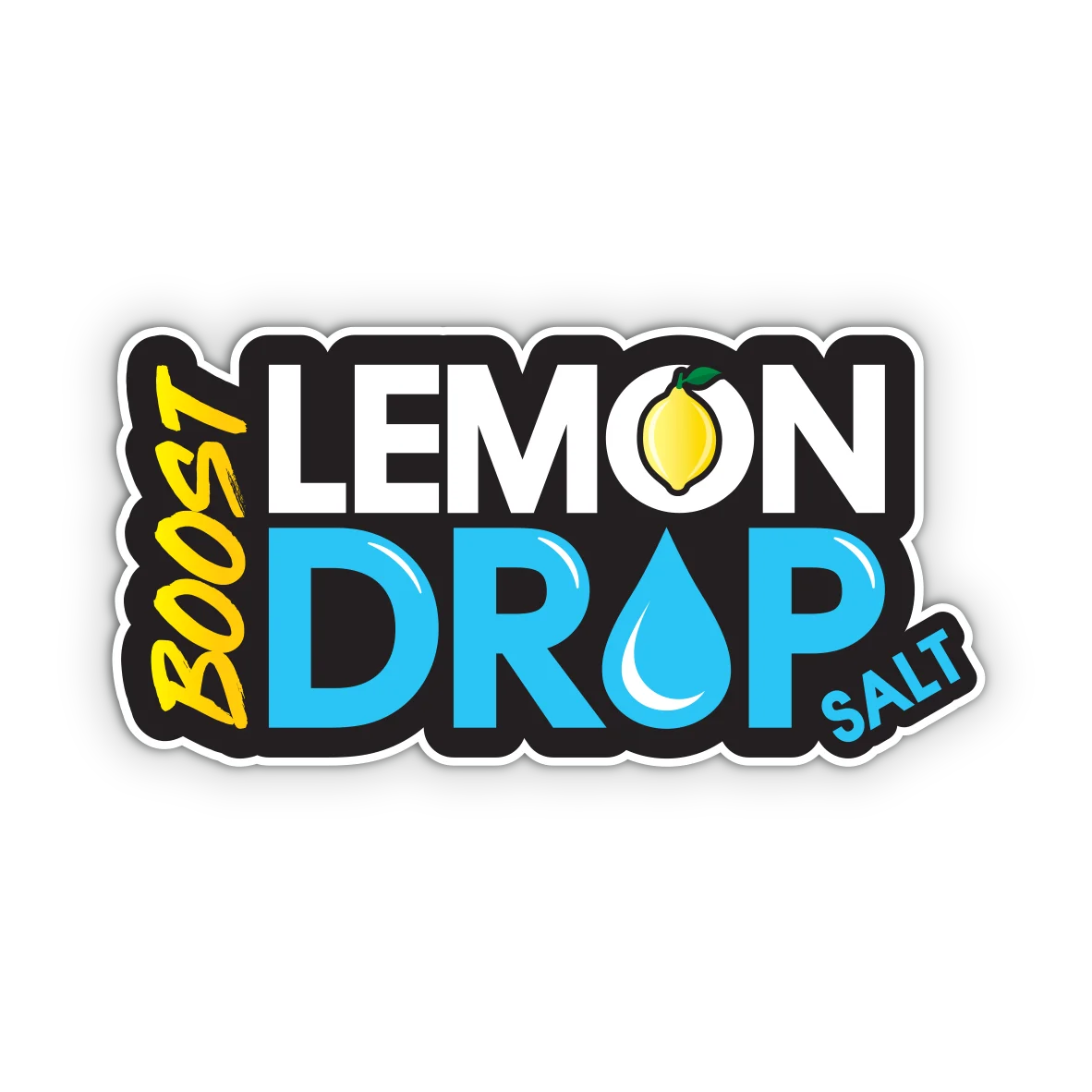Logo for Lemon Drop Boost Salt featuring a lemon and a water droplet design. Bright colors and bold text.