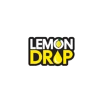 Logo for Lemon Drop featuring bold text with a lemon and a drop of liquid. Bright yellow and black colors.