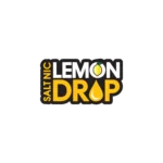Logo for Lemon Drop Salt, featuring a lemon graphic and a drop of liquid, with bold text in yellow and black.
