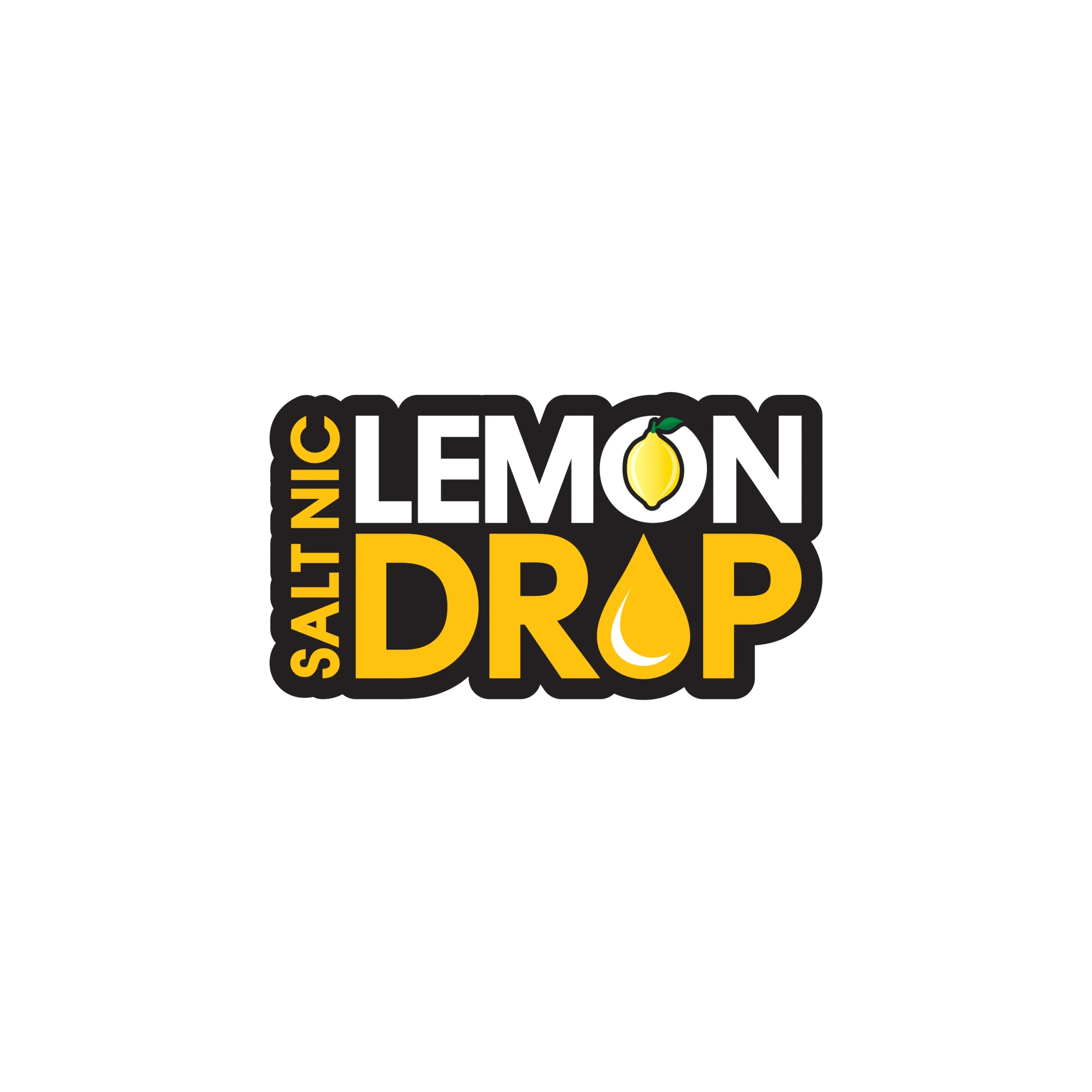 Logo for Lemon Drop Salt, featuring a lemon graphic and a drop of liquid, with bold text in yellow and black.