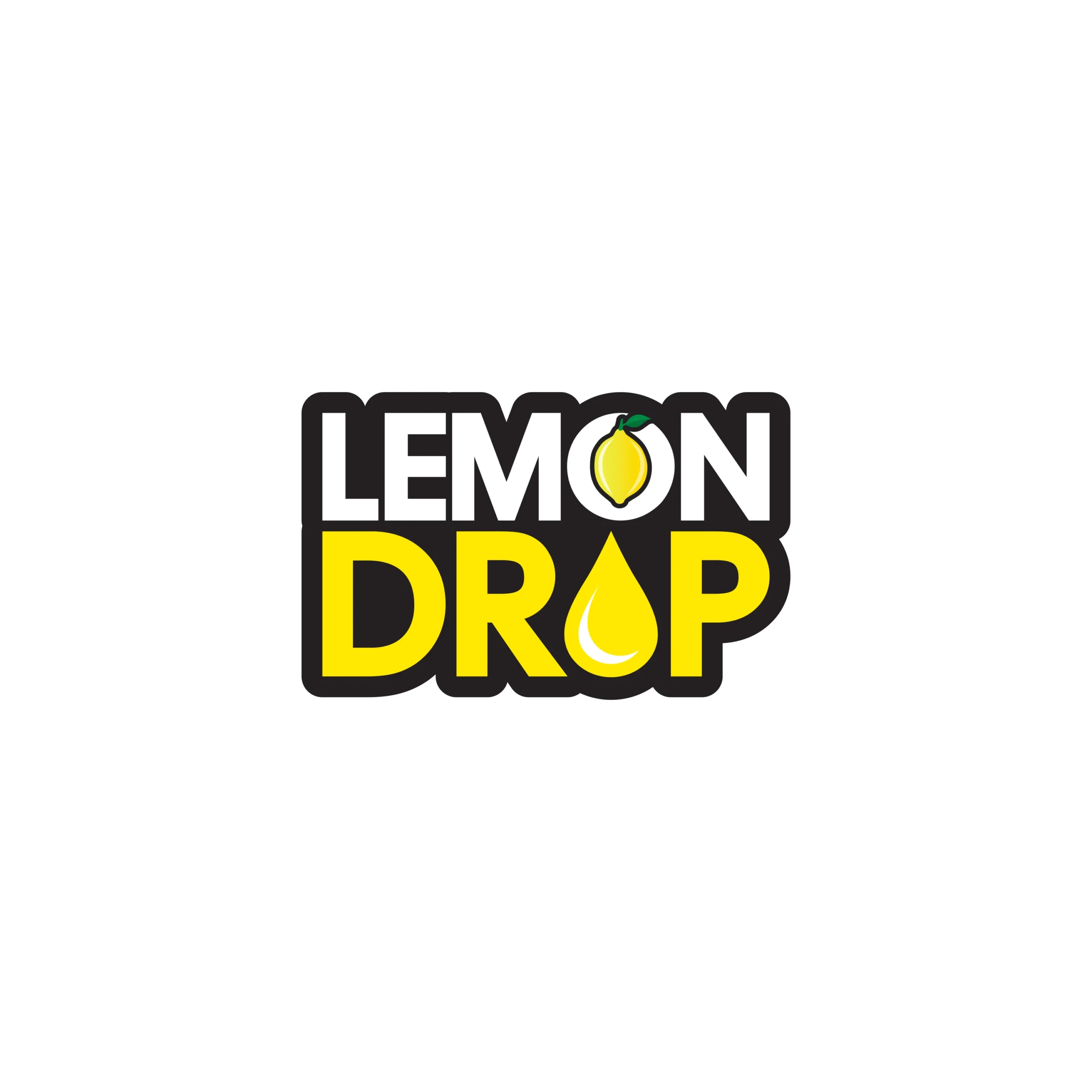 Logo for Lemon Drop featuring bold text with a lemon and a drop of liquid. Bright yellow and black colors.