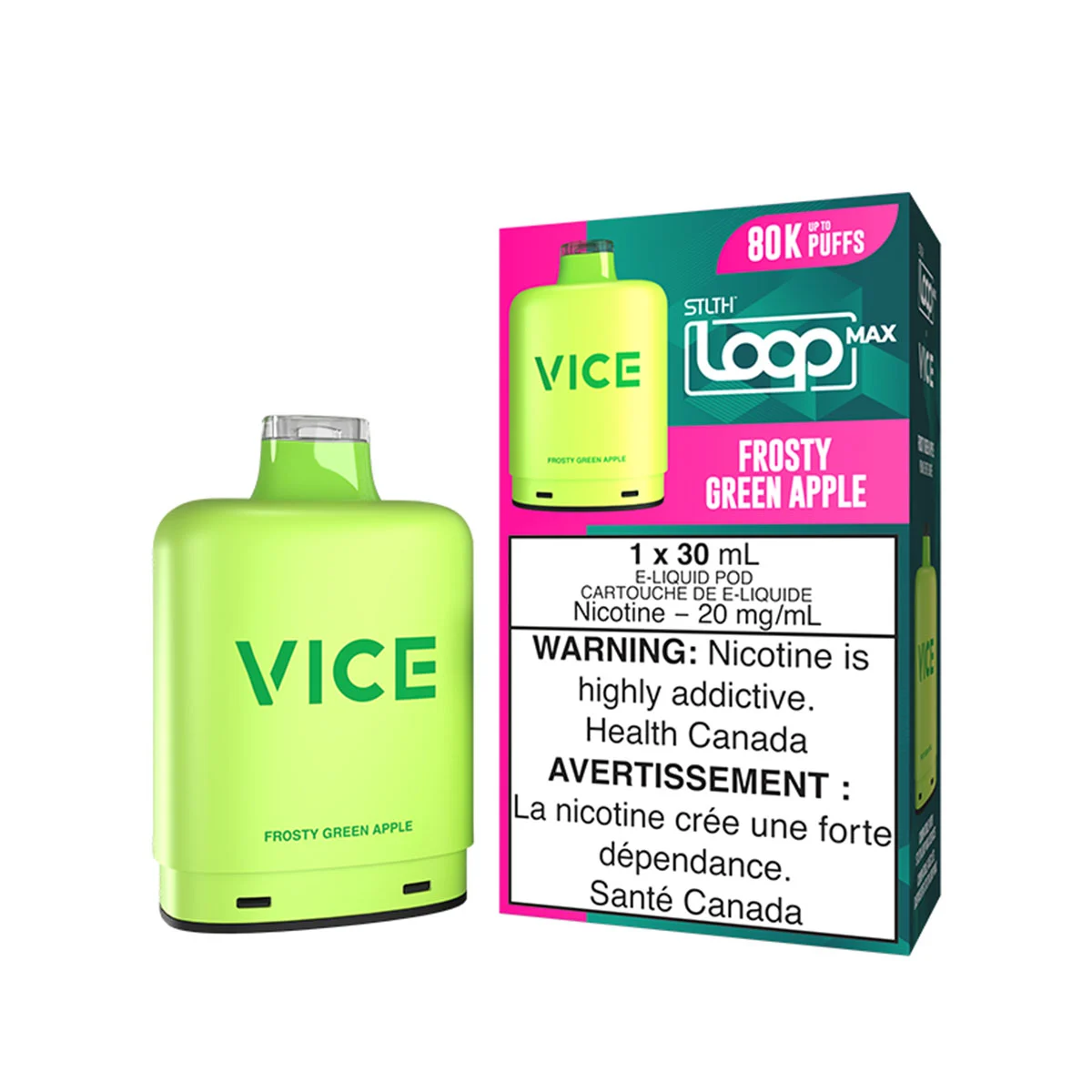 Vape pod labeled Frosty Green Apple with a bright green design and warning labels about nicotine addiction.