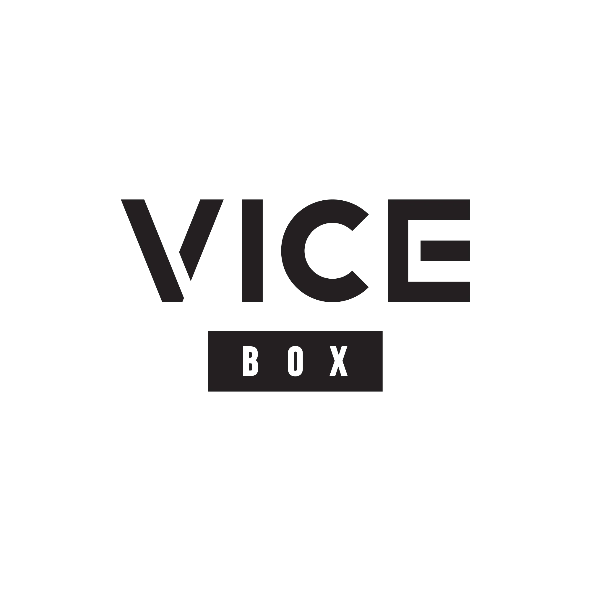 Logo featuring the word VICE in bold letters with BOX below it, all in a minimalist black design.