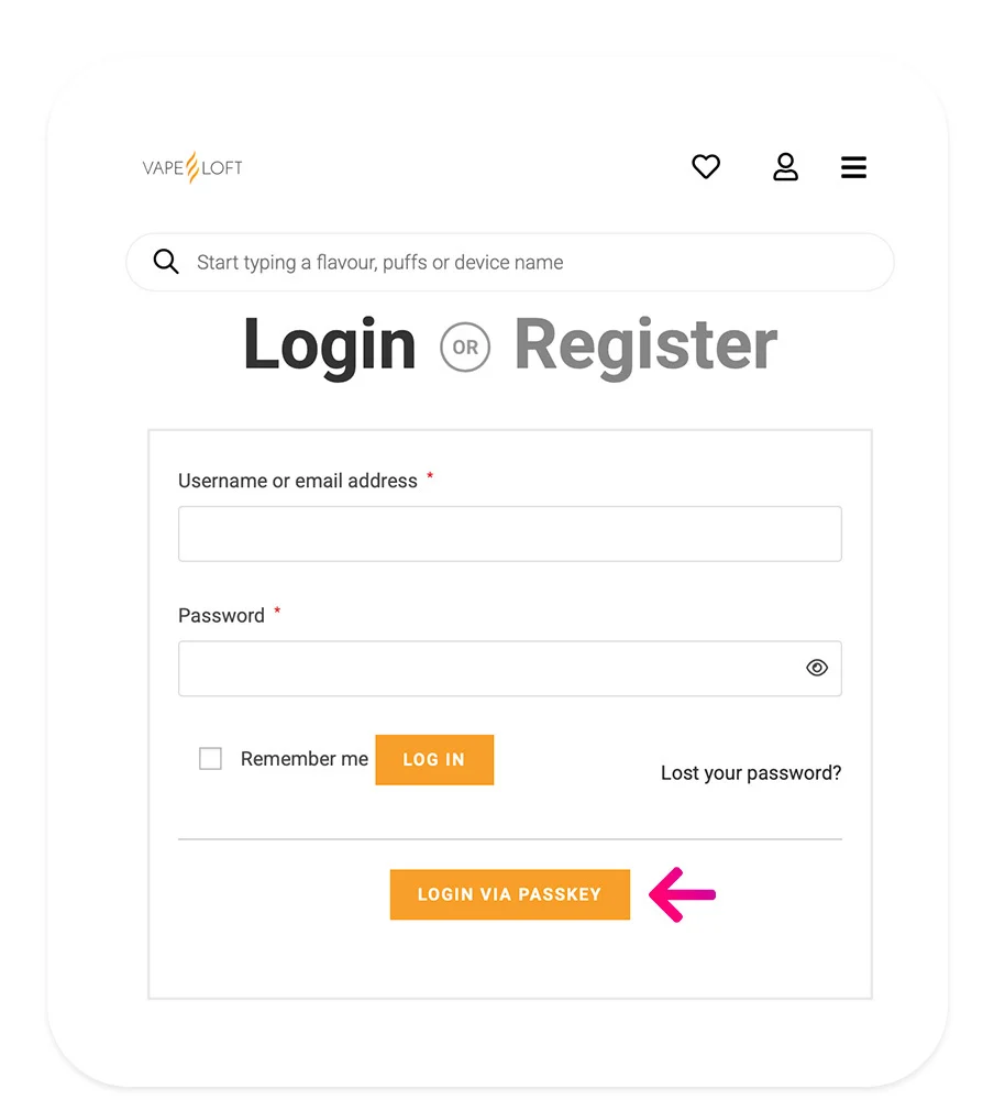 Login page for Vape Loft featuring username, password fields, and options for logging in or registering.