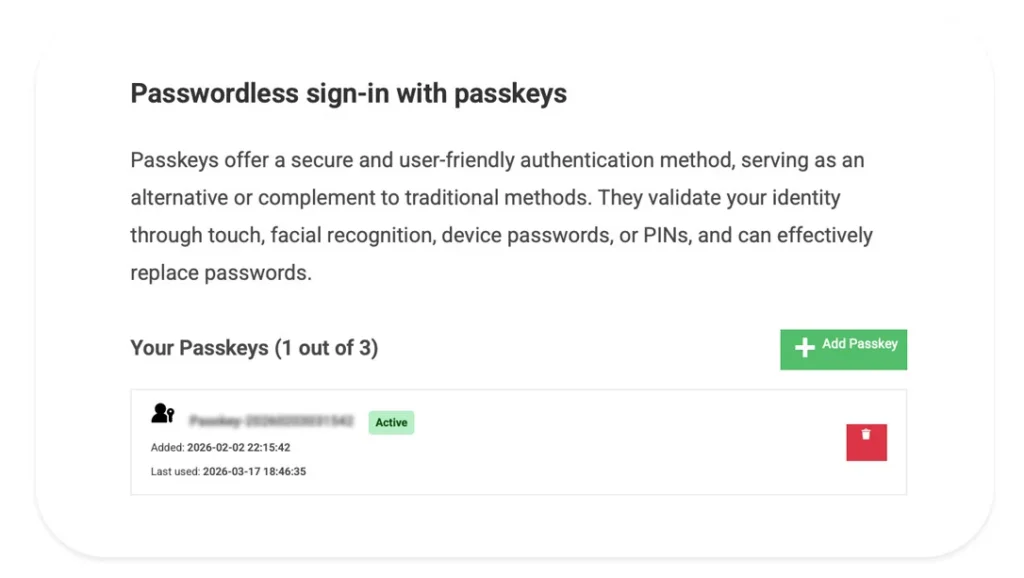 Interface for passwordless sign-in using passkeys, displaying active passkey details and options to add or delete.