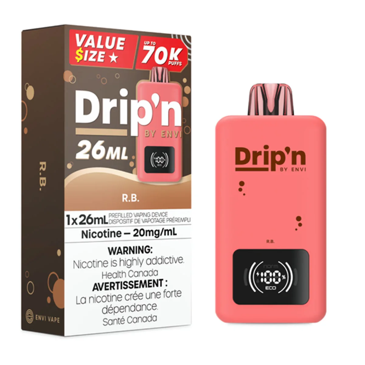 Vaping device Dripn by Envi, 26ml, with nicotine warning and packaging details. Colorful design with user interface.