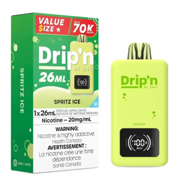 Vaping device packaging for Dripn by Envi, 26ml, flavor Spritz Ice, with nicotine warning and usage information.