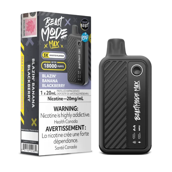 Vaping device packaging for Blazin Banana Blackberry flavor, featuring nicotine warning and usage details.