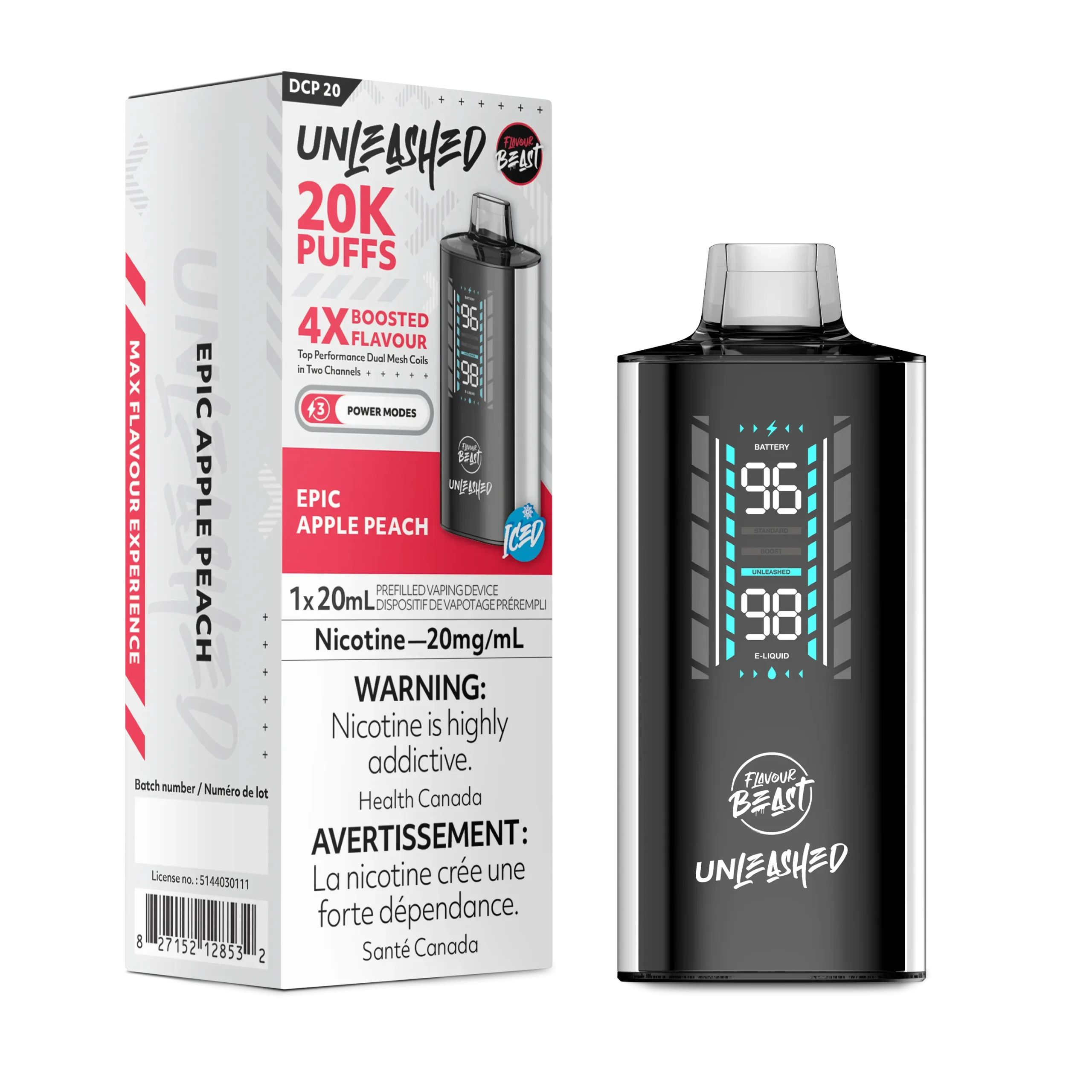 Vaping device packaging featuring Epic Apple Peach flavor, with battery and e-liquid indicators, and health warnings.