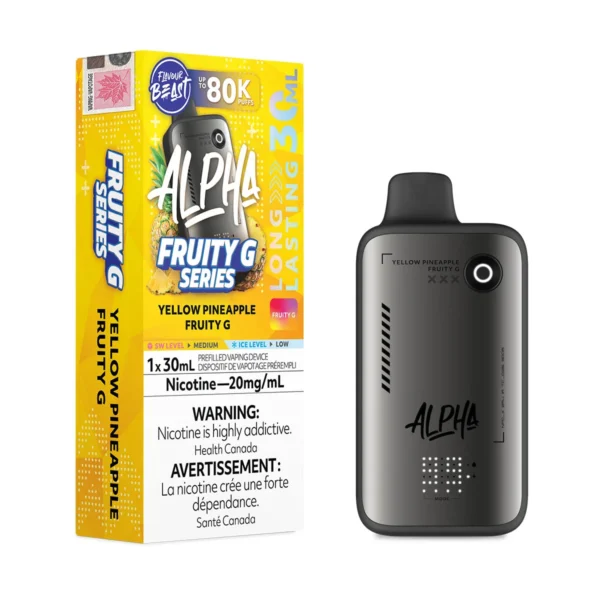Black vaping device next to a colorful box labeled Alpha Fruity G Series Yellow Pineapple, with nicotine warning.
