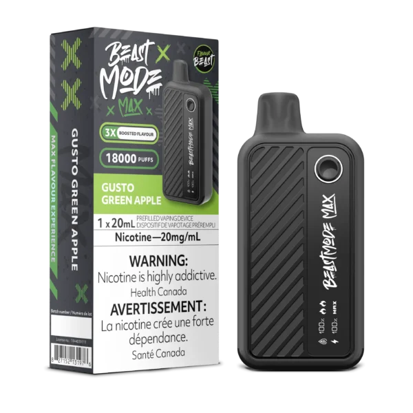 Vaping device packaging for Beast Mode Max in Gusto Green Apple flavor, featuring nicotine warning and puff count details.