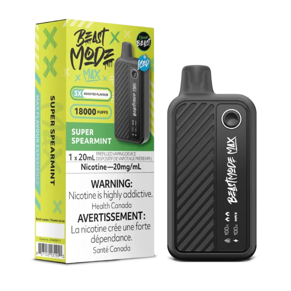 Vaping device packaging featuring Super Spearmint flavor, 20mg nicotine, and warning labels in English and French.