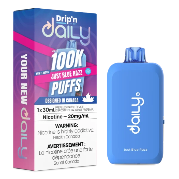 Vaping device in blue packaging labeled Just Blue Razz, indicating nicotine content and warning about addiction.
