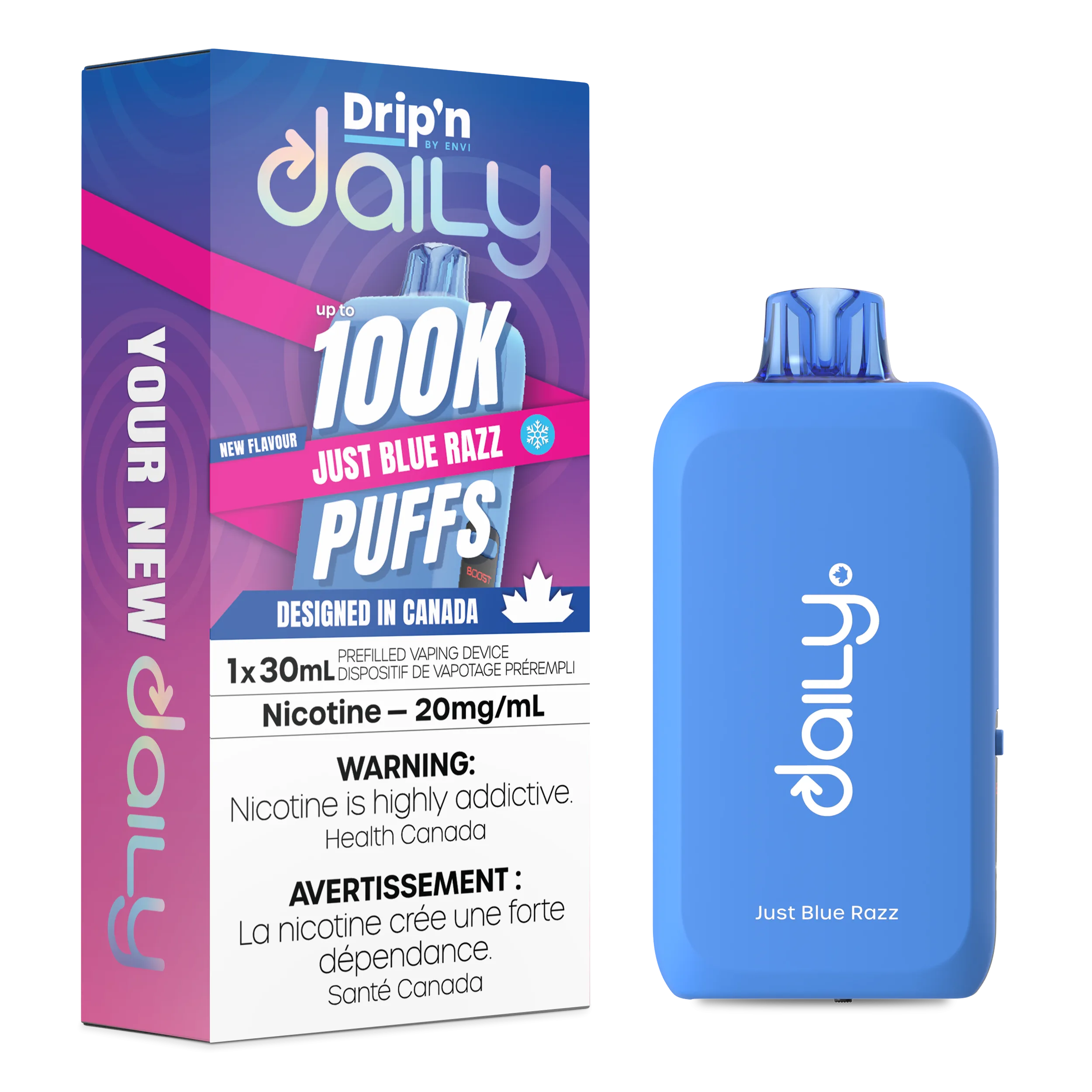 Vaping device in blue packaging labeled Just Blue Razz, indicating nicotine content and warning about addiction.