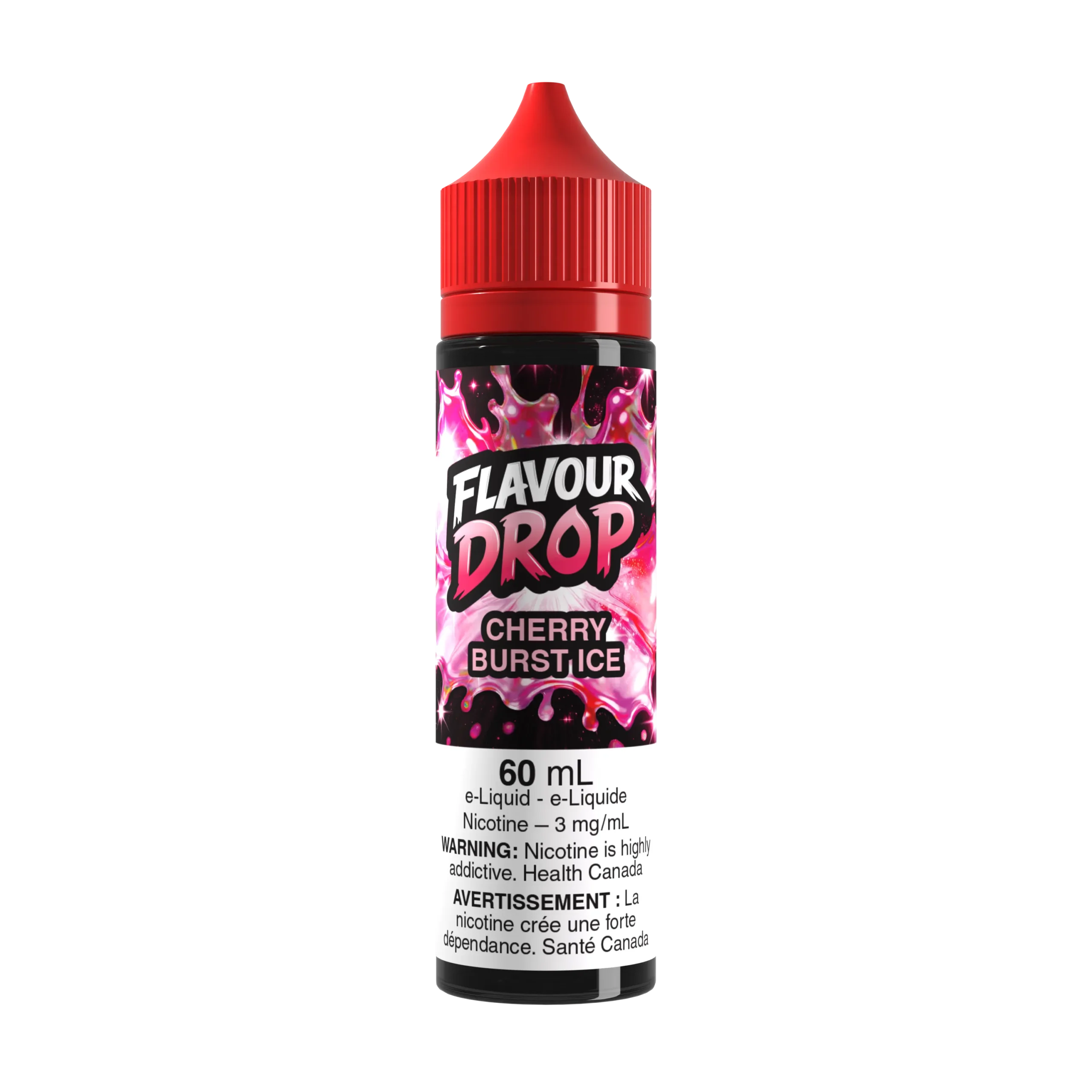 Bottle of Flavour Drop Cherry Burstice e-liquid, 60ml, with a red cap and vibrant label featuring cherry graphics.
