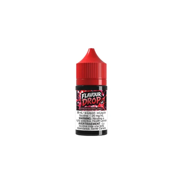 30ml bottle of Flavour Drop e-liquid in Strawberry Chill flavor, featuring a red cap and warning labels.