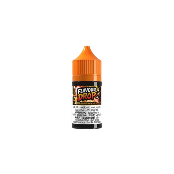 30ml bottle of Flavour Drop e-liquid in Strawnana Chill flavor, featuring an orange cap and warning labels.