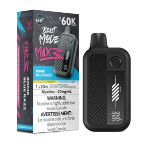 Vaping device packaging for FlavourBeast Beast Mode MAX3, featuring Bomb Blue Razz flavor and nicotine warning.