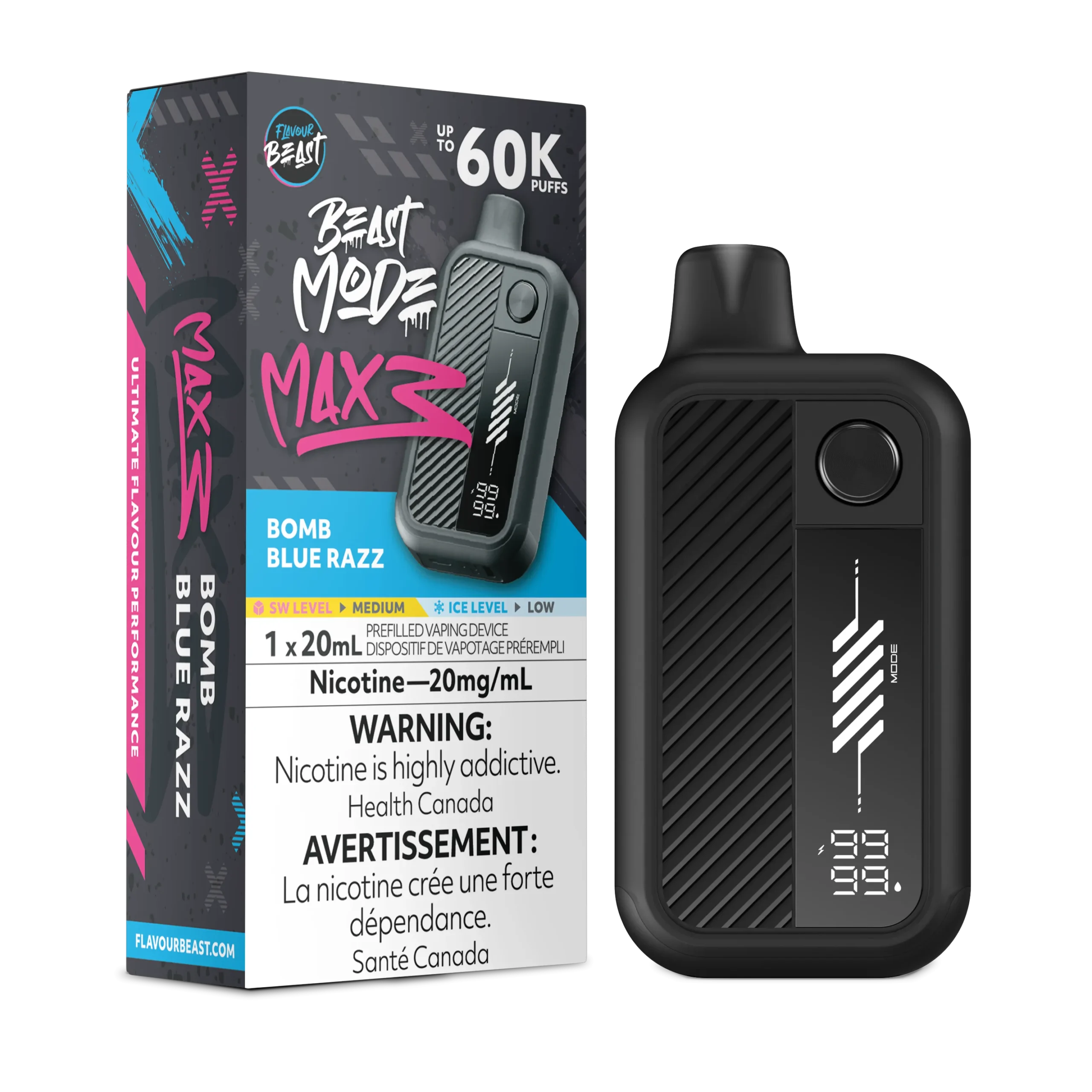 Vaping device packaging for FlavourBeast Beast Mode MAX3, featuring Bomb Blue Razz flavor and nicotine warning.