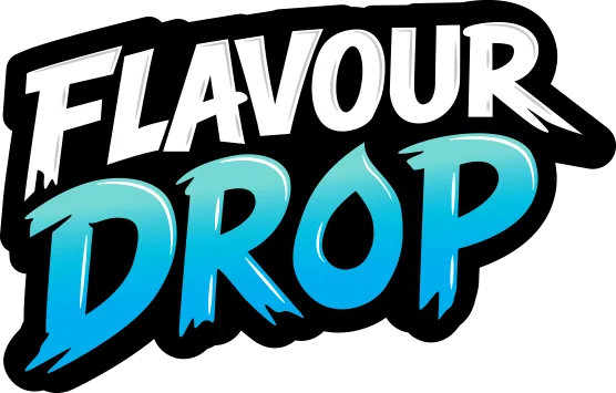 Logo for Flavour Drop featuring bold, stylized text in blue and white colors.