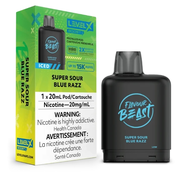 Black vape pod labeled Super Sour Blue Razz with packaging displaying nicotine warning and flavor details.