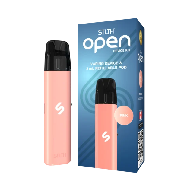 Pink STLTH Open vaping device next to its packaging, featuring a 2 mL refillable pod.