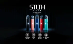 Five colorful vape devices displayed against a dark background, with features highlighted below. Text reads STLTH Open Coming