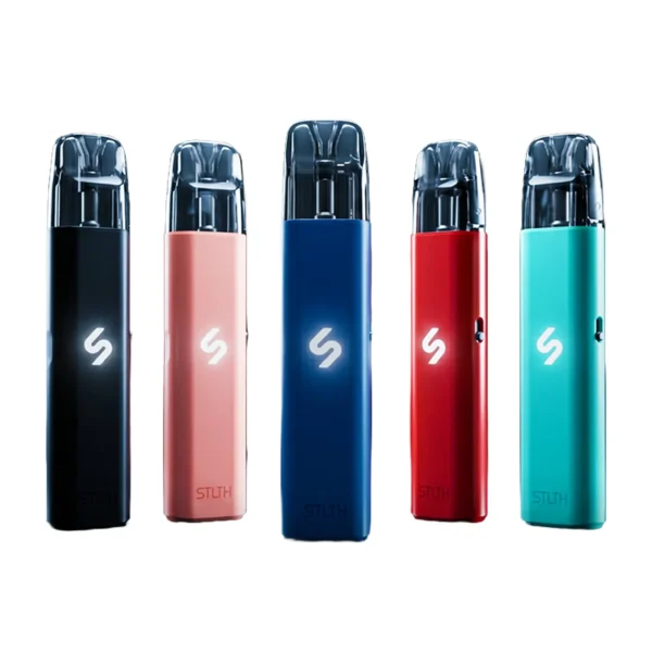 Five STLTH open vaping devices in various colors: black, pink, blue, red, and teal, displayed side by side.