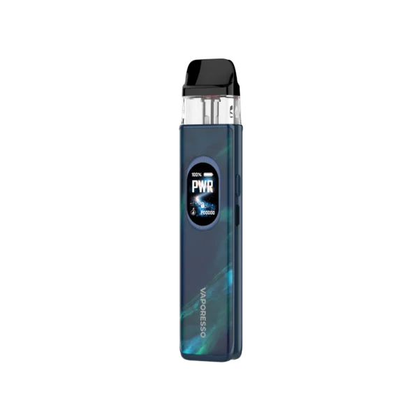 A sleek, blue vape device with a digital display showing battery level and power settings.