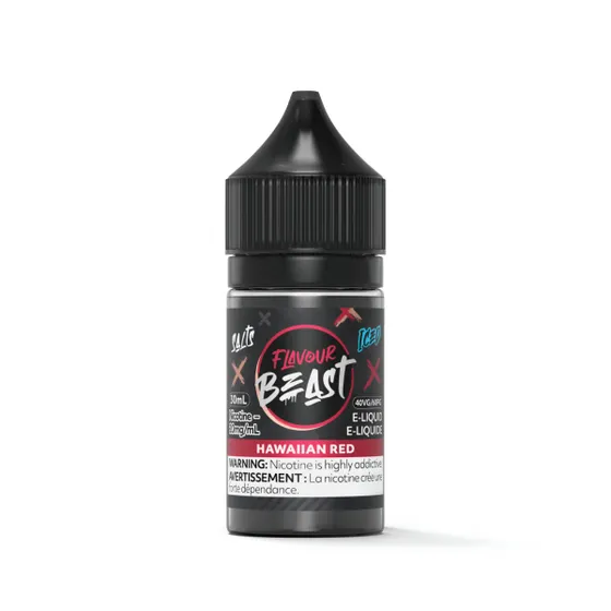 30ml bottle of Flavour Beast Hawaiian Red e-liquid, featuring a black and colorful label with nicotine warning.