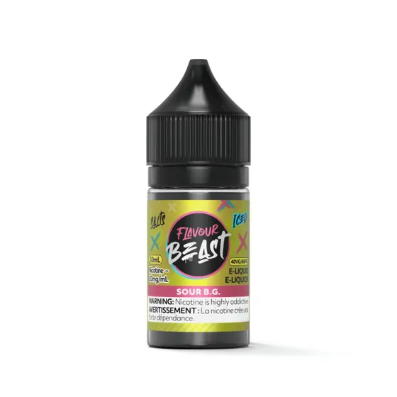 Bottle of Flavour Beast e-liquid, 30ml, 20mg nicotine, flavor labeled as Sour B.G., with warning label.