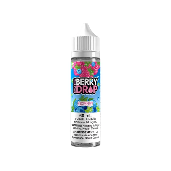 Bottle of Berry Drop Salt e-liquid in Raspberry flavor, 60 mL, featuring colorful fruit graphics and nicotine warning.