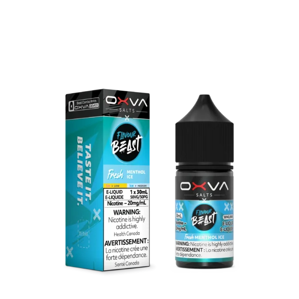 E-liquid bottle labeled Flavour Beast Fresh Menthol Ice with a 30ml capacity and 20mg/ml nicotine content.