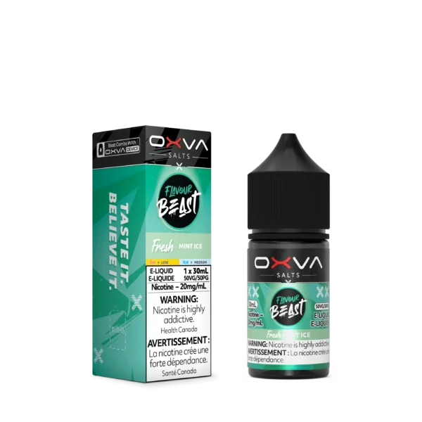E-liquid bottle labeled Flavour Beast Mint Ice with a 30ml box, featuring nicotine warning and usage instructions.